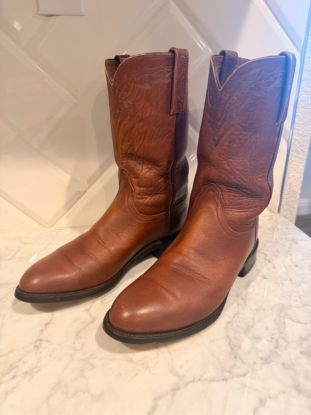 Lucchese roper Western Leather Cowboy Boots sz 9 Cognac Brown - Picture 4 of 11